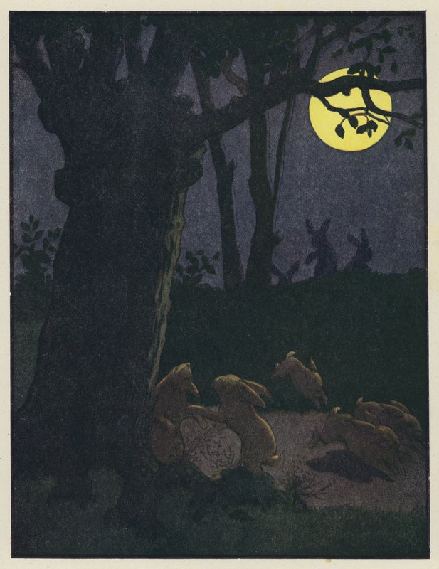 Rabbits Beneath a Tree on a Moonlit Night by Benjamin Rabier