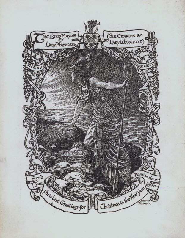 Britannia looking out to sea, First World War Christmas greetings card from the Lord Mayor and Lady Mayoress of London, Sir Charles and Lady Wakefield by Bernard (after) Partridge