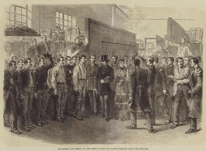 The Emperor and Empress of the French visiting the Eugene Barracks after the Plebiscite by Burn Smeeton