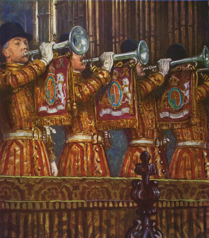 Trumpeters of the Household Cavalry sounding a fanfare by Byam (after) Shaw