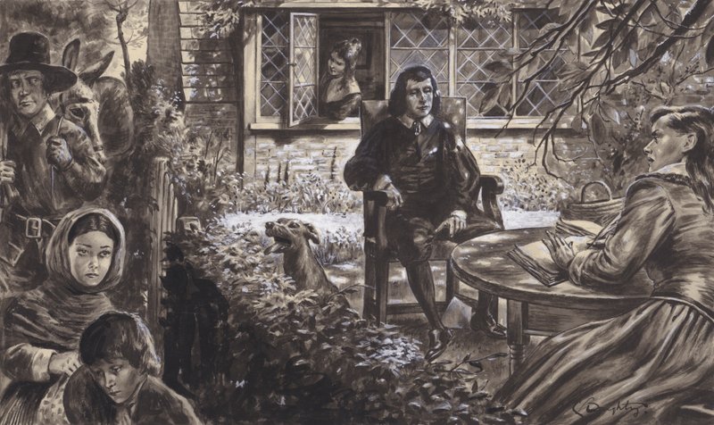 The poet John Milton in his garden, with his daughters by C.L. Doughty