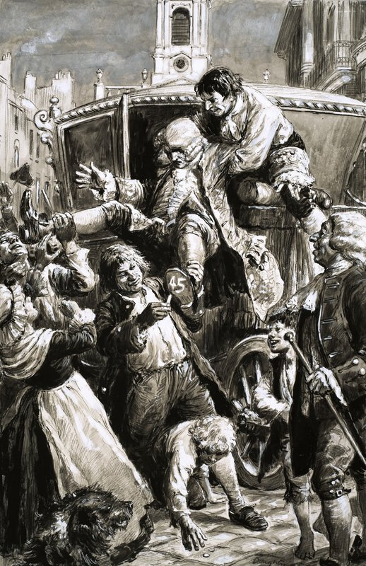 Unidentified scene of man being carried from a carriage by C.L. Doughty