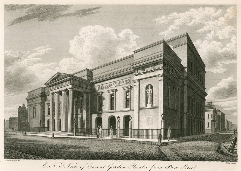 Exterior north east view of Covent Garden Theatre, London, from Bow Street by C. John Mayle Whichelo