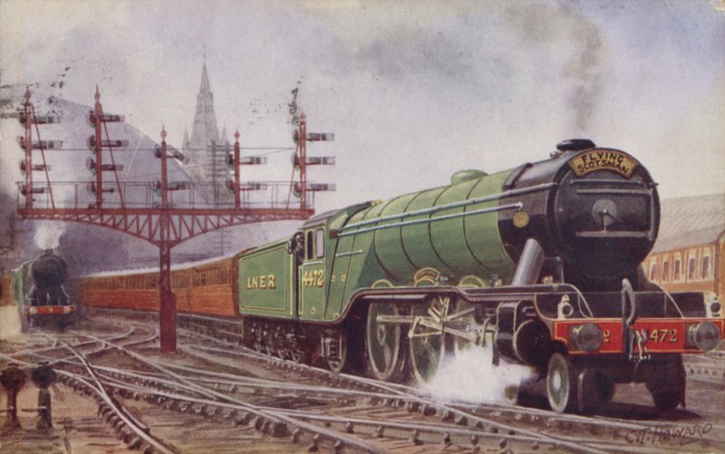 London and North Eastern Railway Flying Scotsman Train Leaving Kings Cross Station, London by C. T. Howard