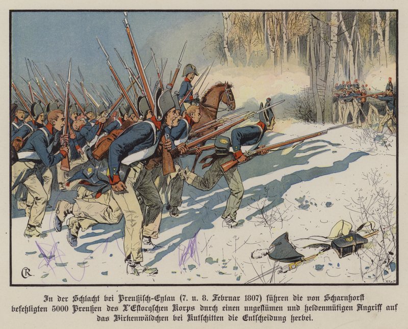 Prussian infantry attacking at the Battle of Eylau, 7-8 February 1807 by Carl Röchling