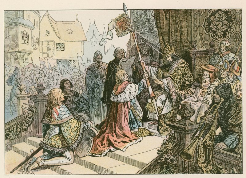 Frederick I with Sigismund in Konstanz being rewarded with the land of Kurmark in 1417 by Carl Rohling