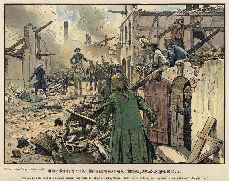 Frederick the Great visiting the ruins of the burned town of Kustrin by Carl Röchling