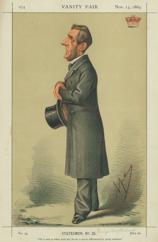 Earl of Shaftesbury, He is no as other men are for he is never affected by party motive, 13 November 1869, Vanity Fair cartoon by Carlo Pellegrini