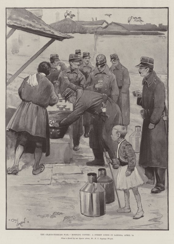 The Graeco-Turkish War, Morning Coffee, a Street Scene in Larissa, 19 April by Cecil Charles Windsor Aldin