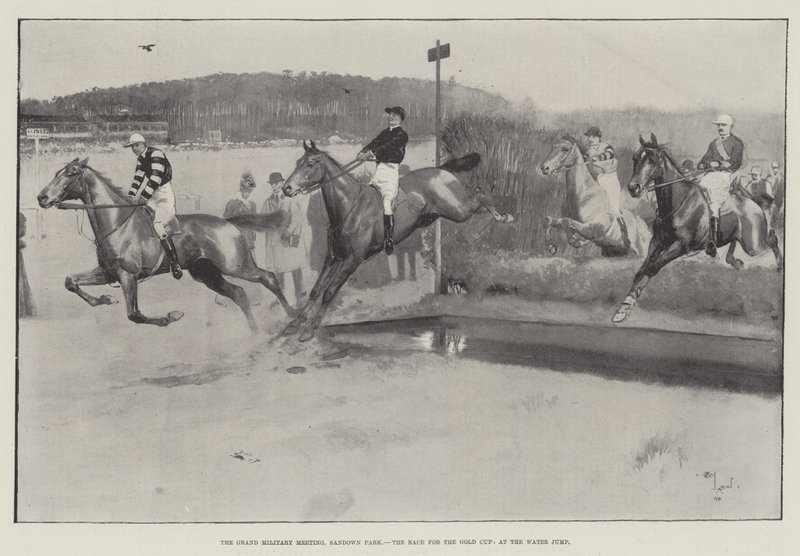 The Grand Military Meeting, Sandown Park, the Race for the Gold Cup, at the Water Jump by Cecil Charles Windsor Aldin