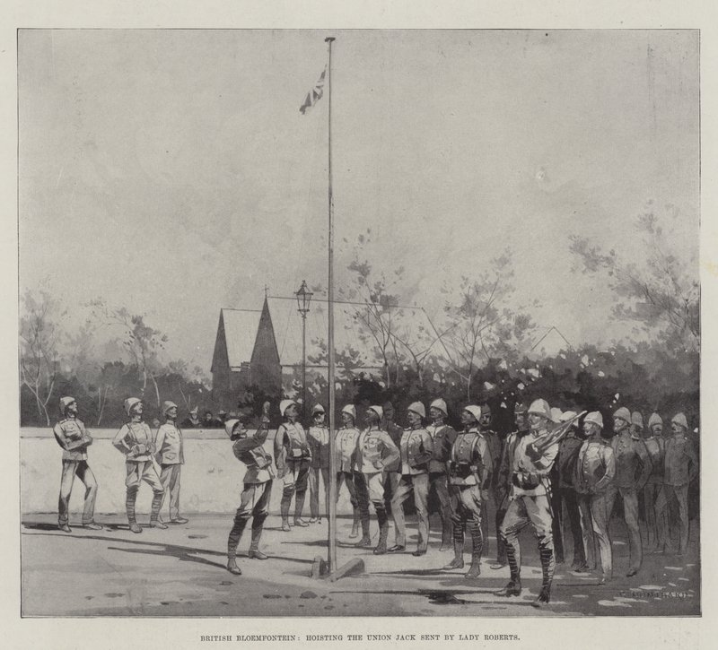 British Bloemfontein, Hoisting the Union Jack Sent by Lady Roberts by Charles Auguste Loye