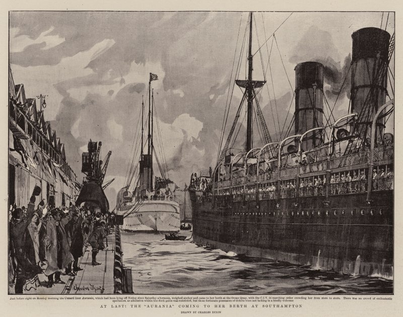 At Last, the Aurania coming to her Berth at Southampton by Charles Edward Dixon