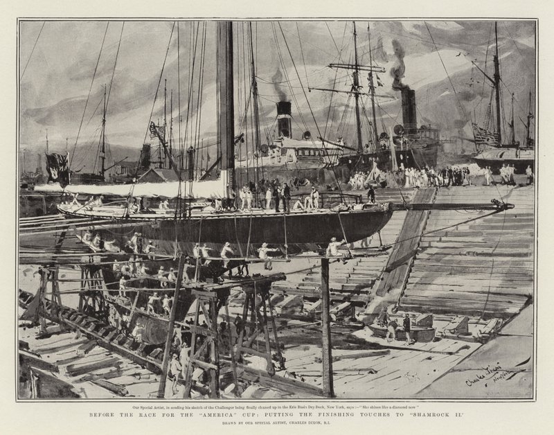 Before the Race for the America Cup, putting the Finishing Touches to Shamrock II by Charles Edward Dixon