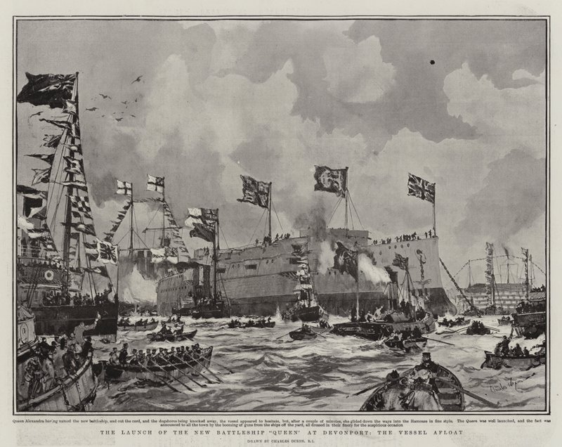 The Launch of the New Battleship Queen at Devonport, the Vessel Afloat by Charles Edward Dixon