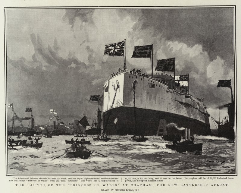 The Launch of the Princess of Wales, at Chatham, the New Battleship Afloat by Charles Edward Dixon