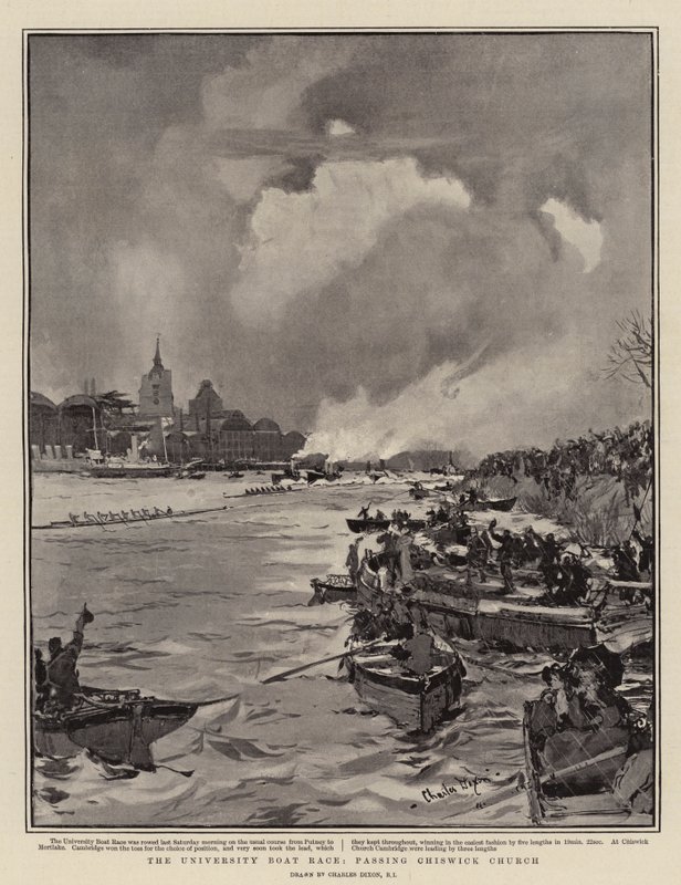 The University Boat Race, passing Chiswick Church by Charles Edward Dixon