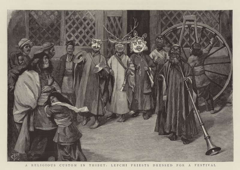 A Religious Custom in Thibet, Lepchi Priests Dressed for a Festival by Charles Edwin Fripp