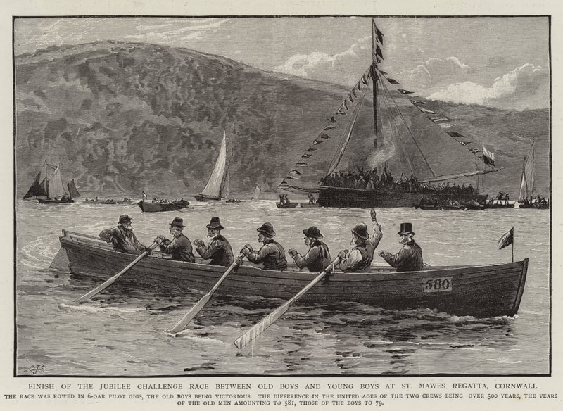Finish of the Jubilee Challenge Race between Old Boys and Young Boys at St Mawes Regatta, Cornwall by Charles J. Staniland