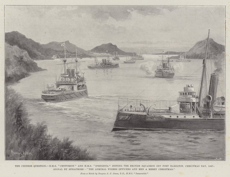 The Chinese Question, HMS Centurion and HMS Iphigenia Joining the British Squadron off Port Hamilton, Christmas Day, 1897, Signal by Semaphore, The Admiral Wishes Officers and Men a Merry Christmas by Charles John de Lacy