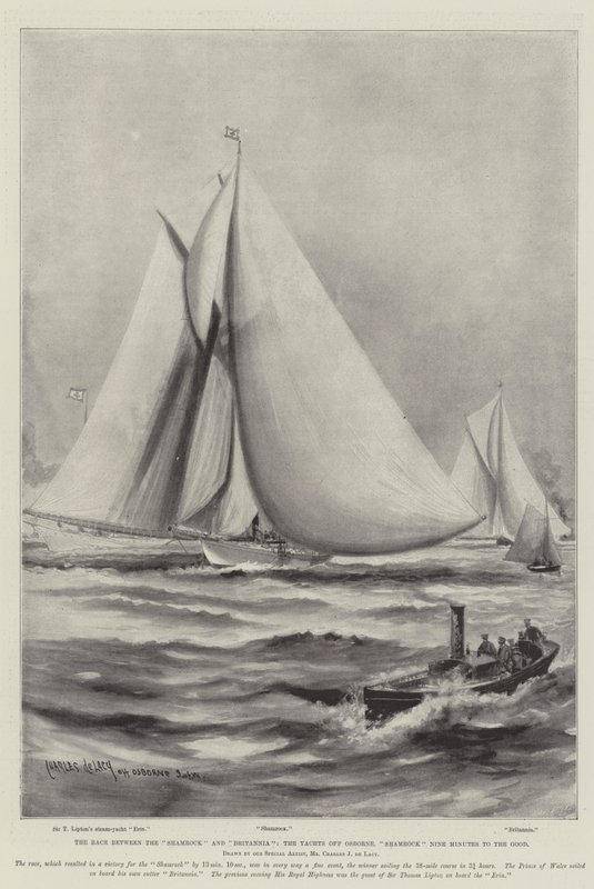 The Race Between the Shamrock and Britannia, the Yachts off Osborne, Shamrock Nine Minutes to the Good by Charles John de Lacy