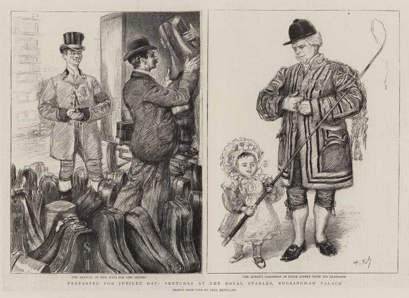 Preparing for Jubilee Day, Sketches at the Royal Stables, Buckingham Palace by Charles Paul Renouard