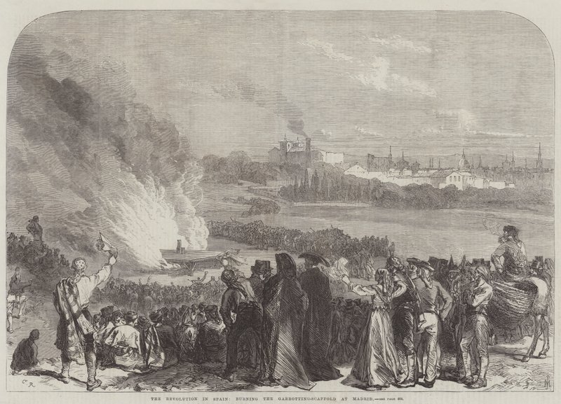The Revolution in Spain, burning the Garrotting-Scaffold at Madrid by Sir John Charles Robinson