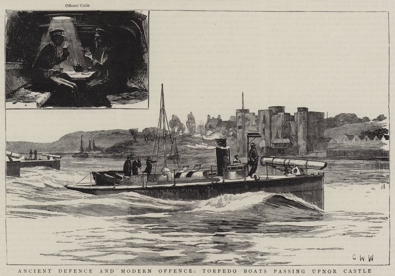 Ancient Defence and Modern Offence, Torpedo Boats passing Upnor Castle by Charles William Wyllie