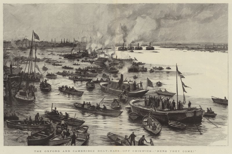 The Oxford and Cambridge Boat-Race, off Chiswick, here they come! by Charles William Wyllie