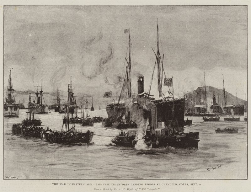 The War in Eastern Asia, Japanese Transports landing Troops at Chemulpo, Corea, 9 September by Charles William Wyllie