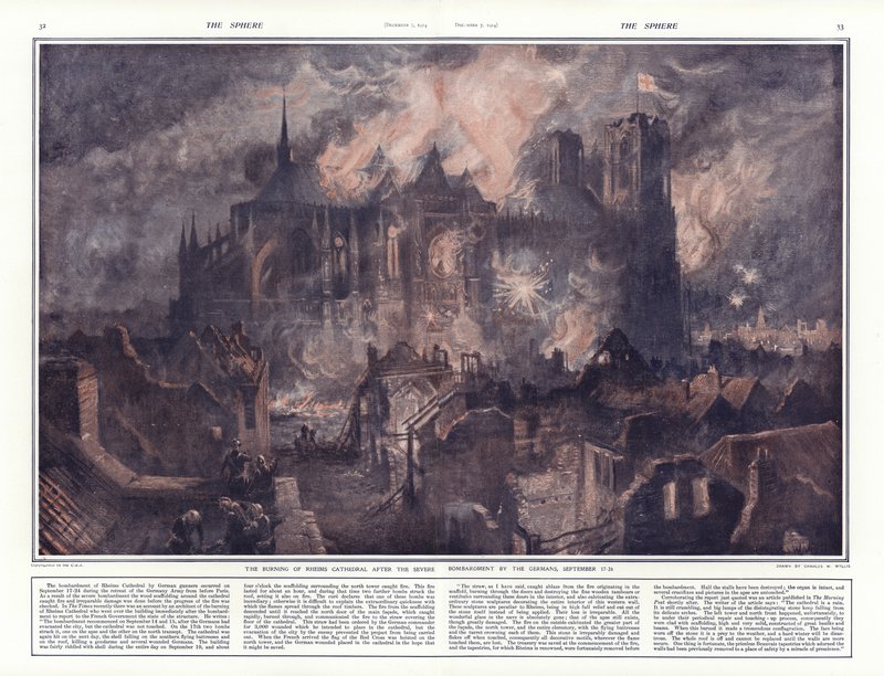 The Burning of Reims Cathedral after the Severe Bombardment by the Germans, 17-24 September 1914 by Charles William Wyllie