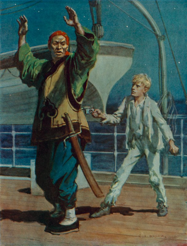 Boy holding a Chinese pirate at gunpoint, scene from Hai Ping the Pirate by Charles Edmund Brock