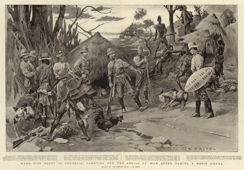 Hard-won Booty in Rhodesia, Carrying off the Spoils of War after Taking a Kopje Kraal by Charles Edwin Fripp