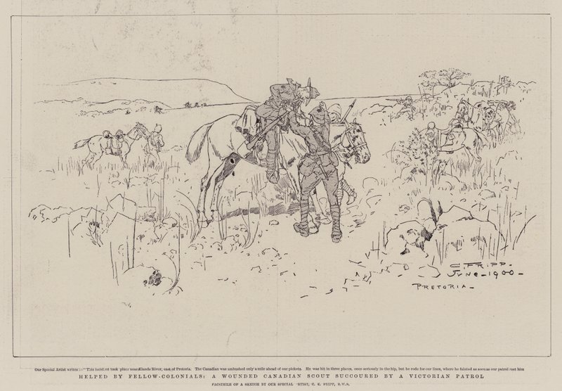 Helped by Fellow-Colonials, A Wounded Canadian Scout Succoured by a Victorian Patrol by Charles Edwin Fripp