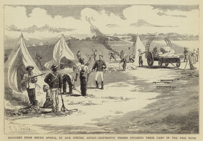 Sketches from South Africa, Hottentot Troops pitching their Camp in the Peri Bush by Charles Edwin Fripp