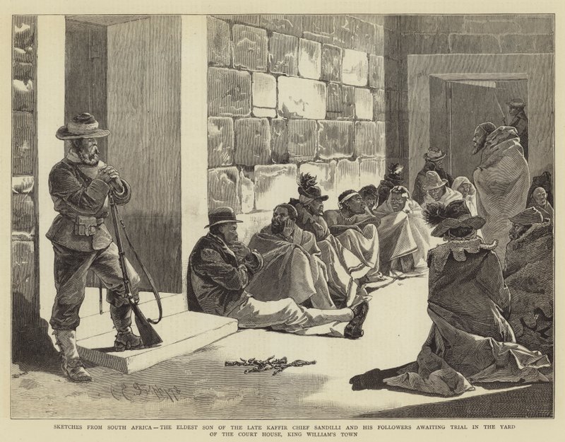 Sketches from South Africa, the Eldest Son of the Late Kaffir Chief Sandilli and his Followers awaiting trial in the Yard of the Court House, King William