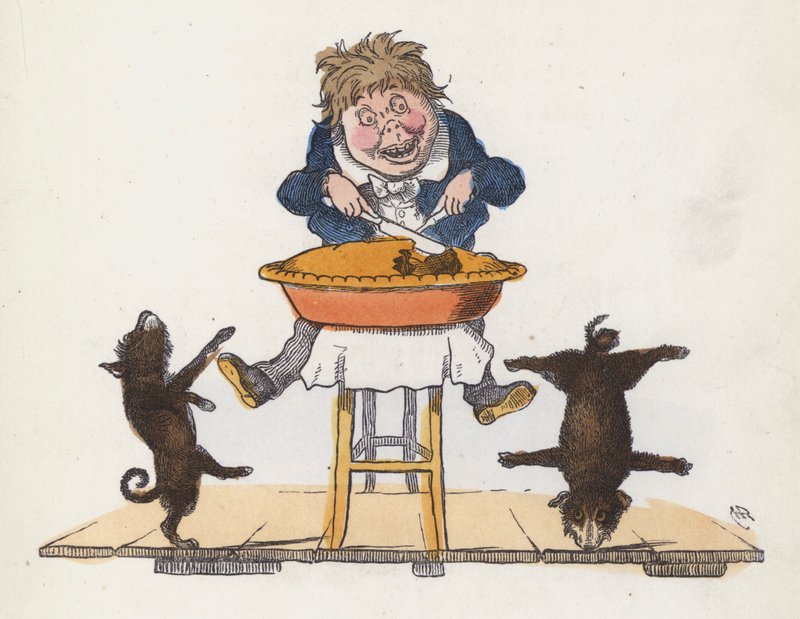 Boy eating a pie while his pet dog performs acrobatic feats by Charles Henry (after) Bennett