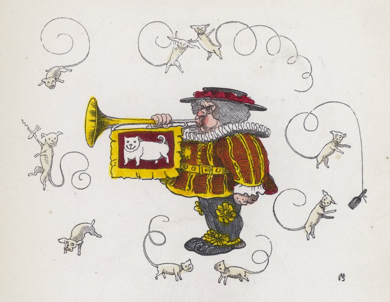 Town crier blowing a trumpet, surrounded by curly-tailed dogs by Charles Henry (after) Bennett