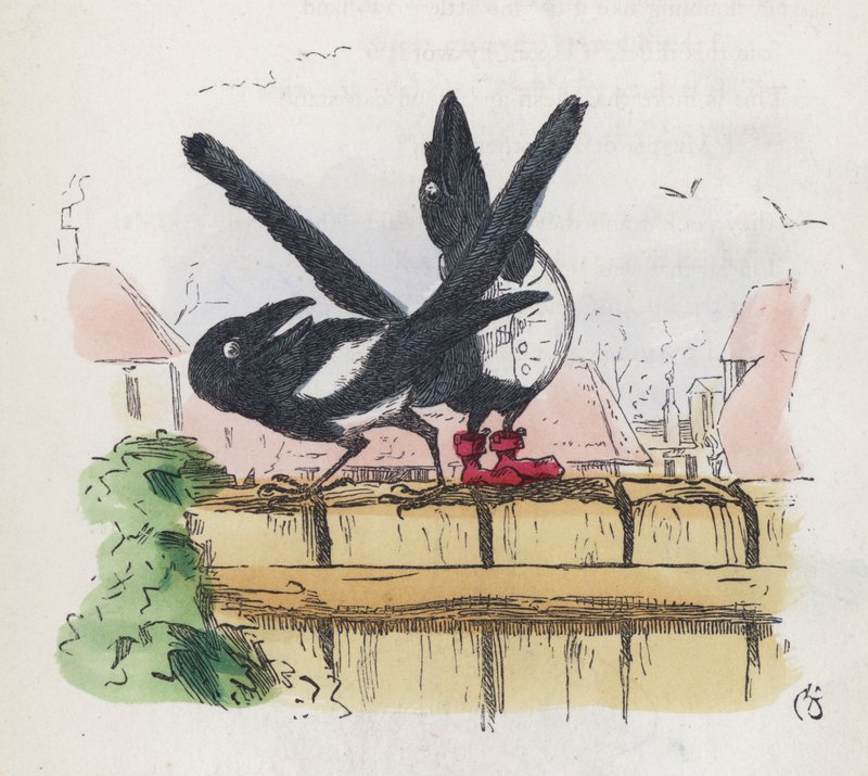 Two magpies on a garden fence by Charles Henry (after) Bennett