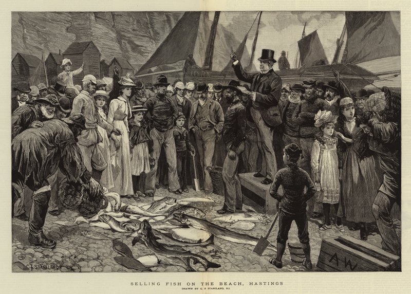 Selling Fish on the Beach, Hastings by Charles J. Staniland