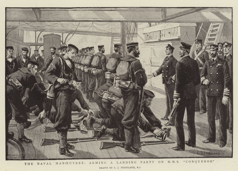 The Naval Manoeuvres, arming a Landing Party on HMS Conqueror by Charles J. Staniland