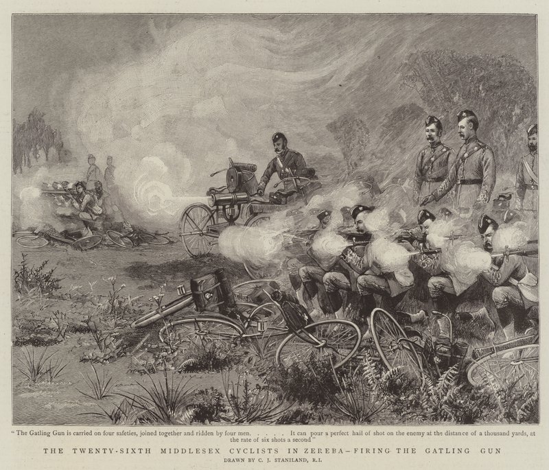 The Twenty-Sixth Middlesex Cyclists in Zereba, firing the Gatling Gun by Charles J. Staniland