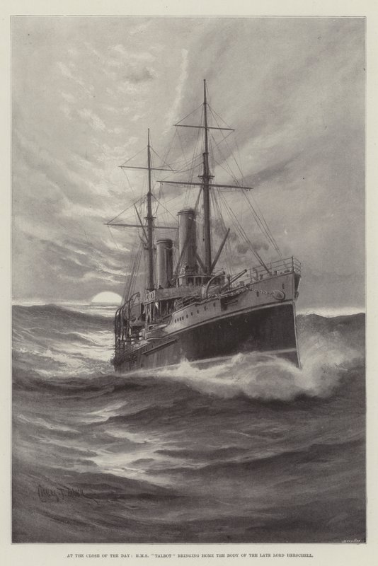 At the Close of the Day, HMS Talbot bringing Home the Body of the late Lord Herschell by Charles John de Lacy
