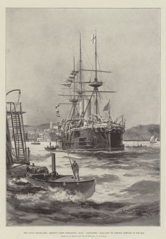 The Naval Manoeuvres, Reserve Fleet Operations, HMS Alexandra, Flag-Ship of Admiral Domvile, in Tor Bay by Charles John de Lacy