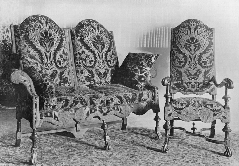 Suite of Walnut Chairs and Settee Covered in English Velvet by Charles Latham