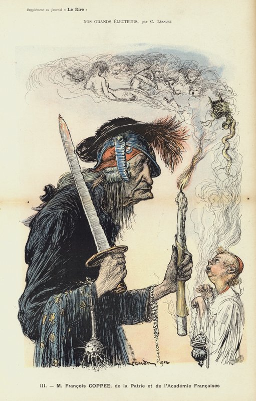Francois Coppee, French writer and nationalist, illustration for Le Rire by Charles Leandre