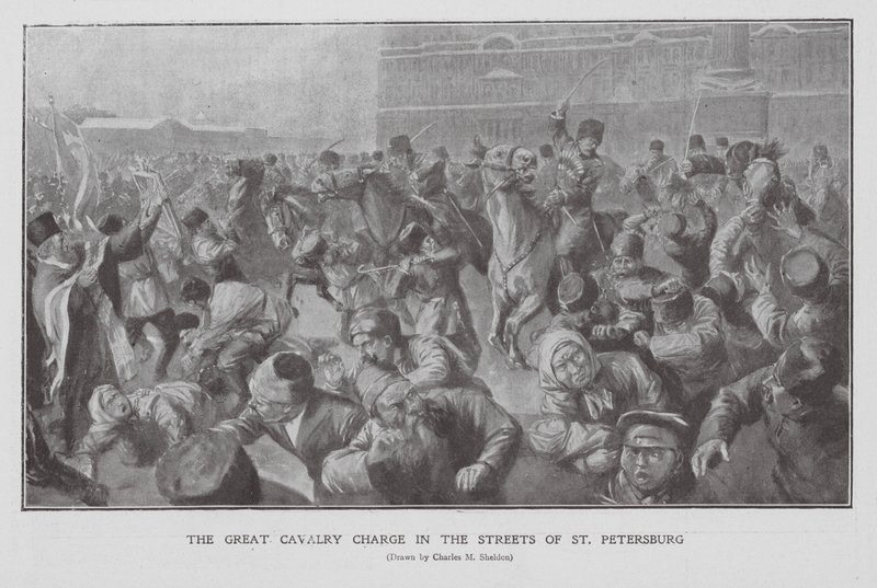 Cavalry charging a crowd in the streets of St Petersburg, First Russian Revolution by Charles Mills (after) Sheldon