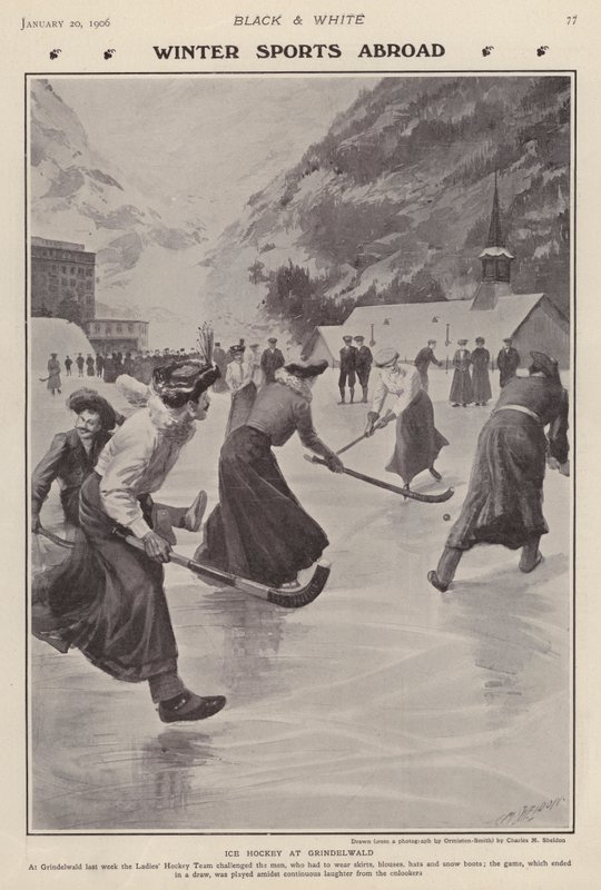 Playing ice hockey at Grindelwald, Switzerland by Charles Mills (after) Sheldon