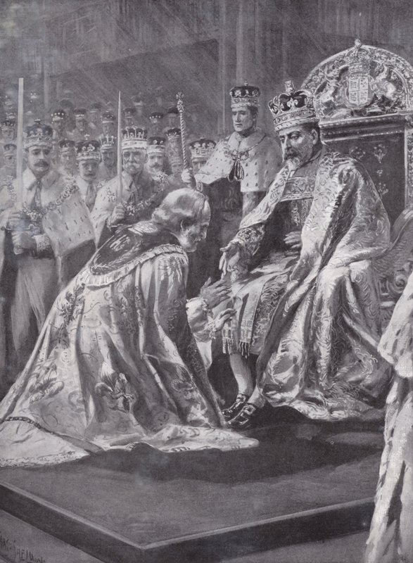Homage of the Archbishop of Canterbury at the Coronation of King Edward VII, Westminster Abbey, London, 1902 by Charles Mills after Sheldon