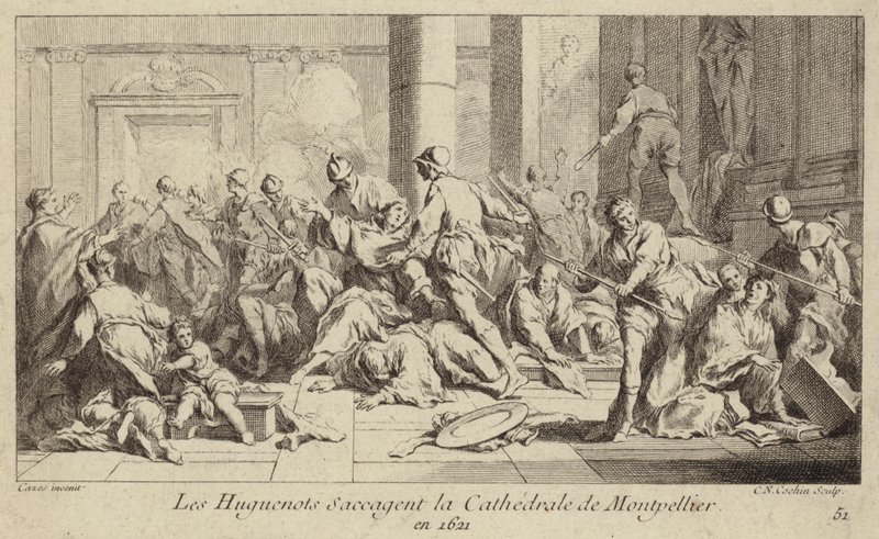 Huguenots Sacking Montpellier Cathedral, France, 1621 by Charles Nicolas II Cochin