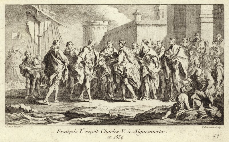 King Francis I of France Receiving the Emperor Charles V at Aigues-Mortes by Charles Nicolas II Cochin